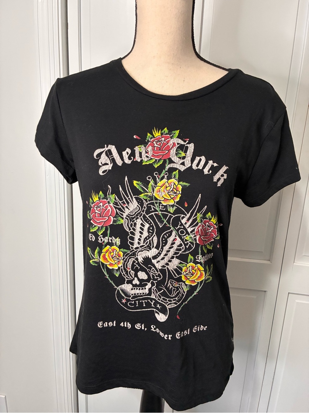 Ed Hardy Black Graphic Tee with Red and Yellow Floral Skull